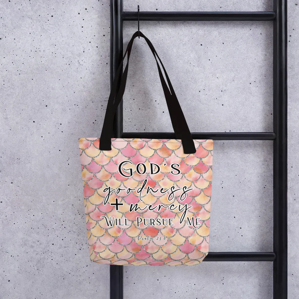 Limited Edition Premium Tote Bag - God's Goodness + Mercy Will Pursue Me (Design: Mermaid Scales Pink)