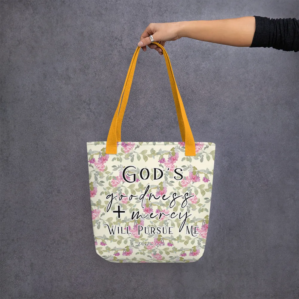 Limited Edition Premium Tote Bag - God's Goodness + Mercy Will Pursue Me (Design: Red Floral)