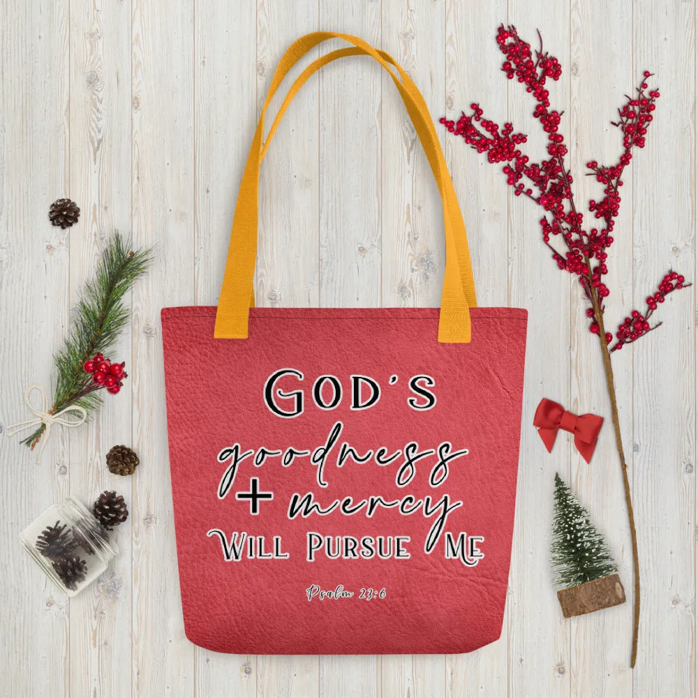 Limited Edition Premium Tote Bag - God's Goodness + Mercy Will Pursue Me (Design: Red Textured)