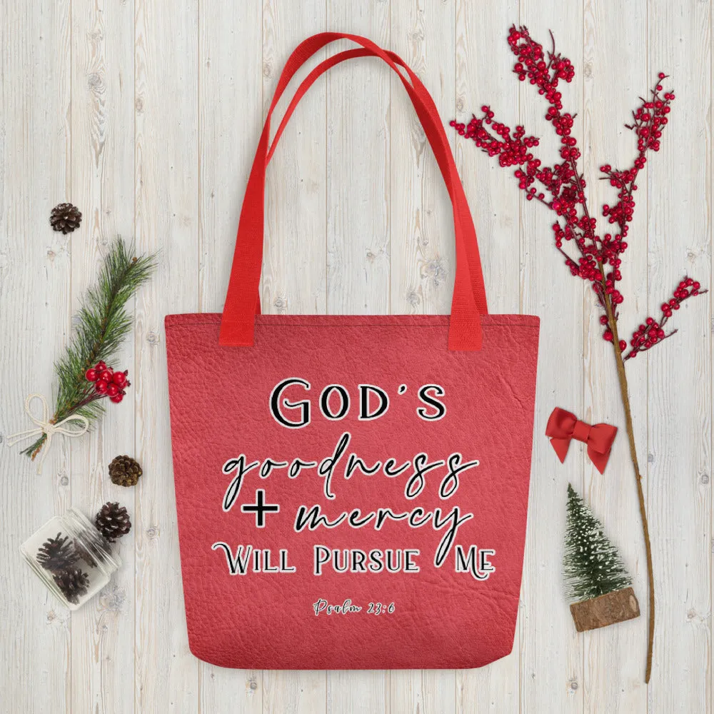 Limited Edition Premium Tote Bag - God's Goodness + Mercy Will Pursue Me (Design: Red Textured)