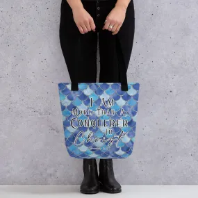 Limited Edition Premium Tote Bag - I Am More Than A Conquerer In Christ (Design: Mermaid Scales Blue)