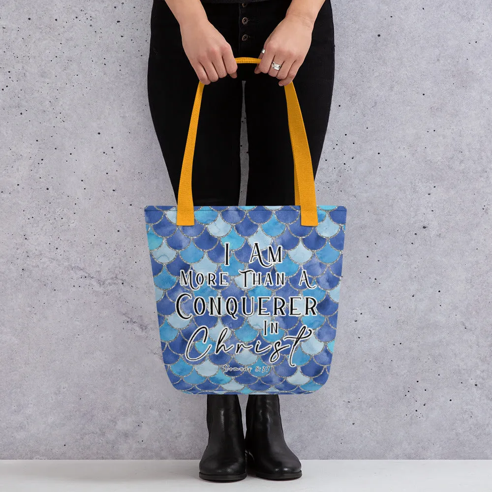 Limited Edition Premium Tote Bag - I Am More Than A Conquerer In Christ (Design: Mermaid Scales Blue)