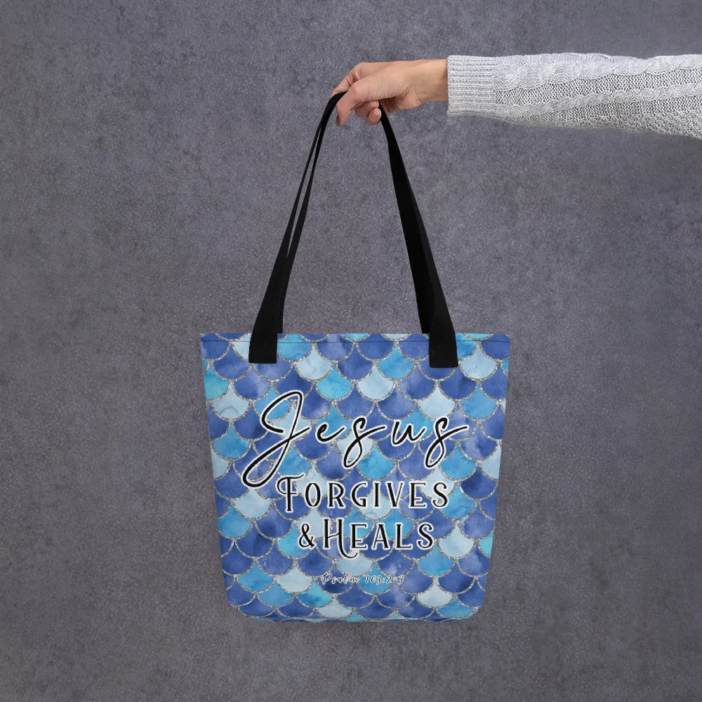 Limited Edition Premium Tote Bag - Jesus Forgives & Heals (Design: Mermaid Scales Blue)