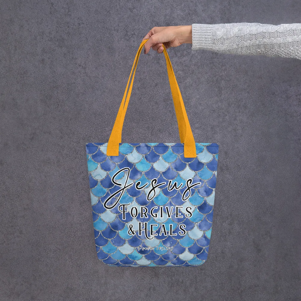 Limited Edition Premium Tote Bag - Jesus Forgives & Heals (Design: Mermaid Scales Blue)