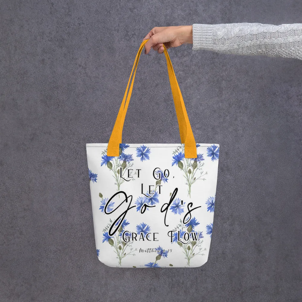 Limited Edition Premium Tote Bag - Let Go, Let God's Grace Flow (Design: Blue Floral)