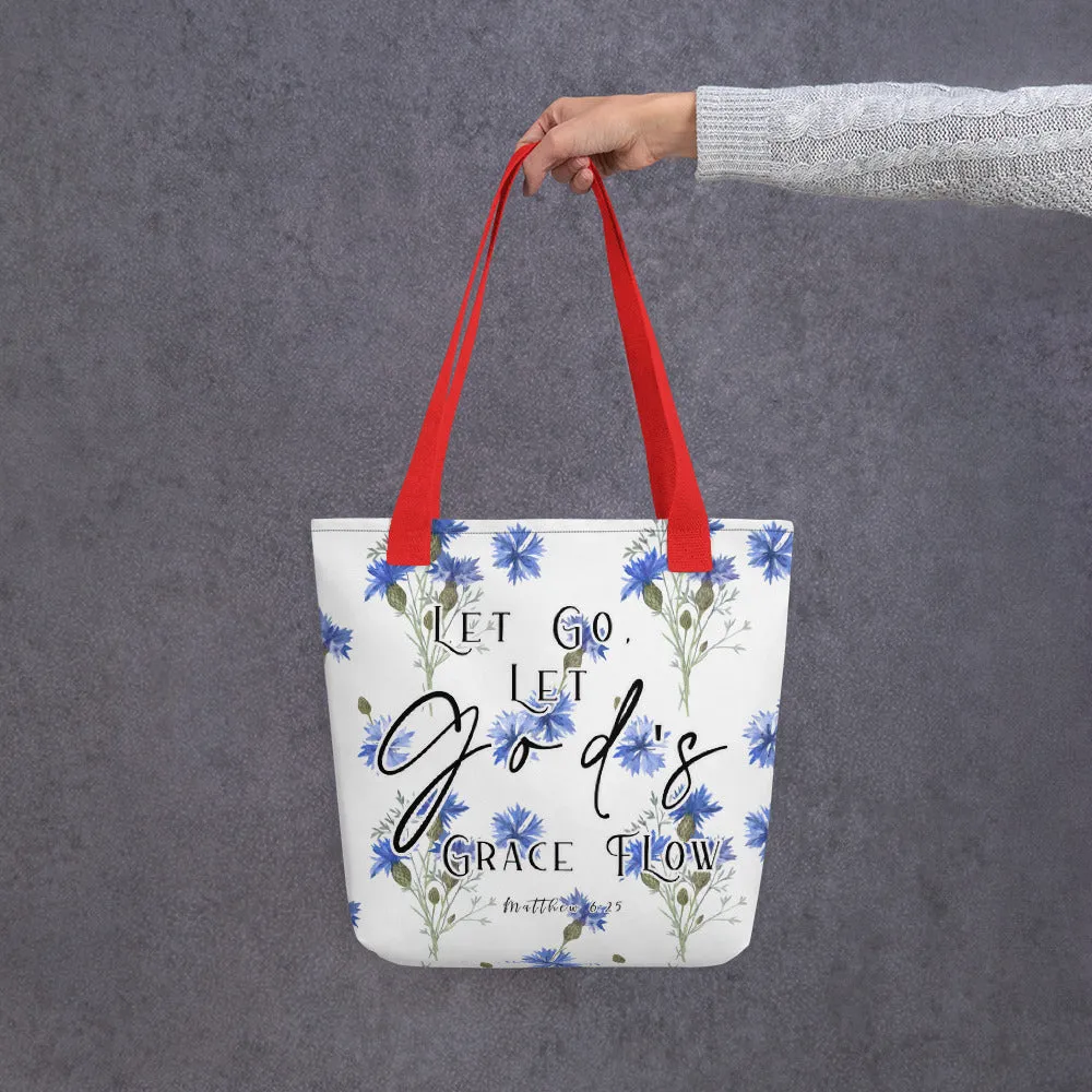 Limited Edition Premium Tote Bag - Let Go, Let God's Grace Flow (Design: Blue Floral)