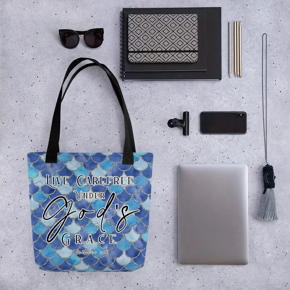 Limited Edition Premium Tote Bag - Live Carefree Under God's Grace (Design: Mermaid Scales Blue)