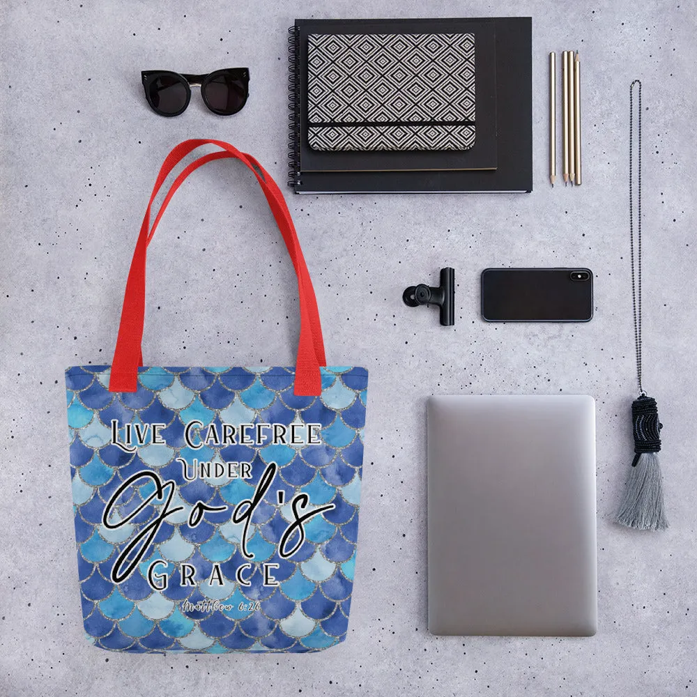 Limited Edition Premium Tote Bag - Live Carefree Under God's Grace (Design: Mermaid Scales Blue)