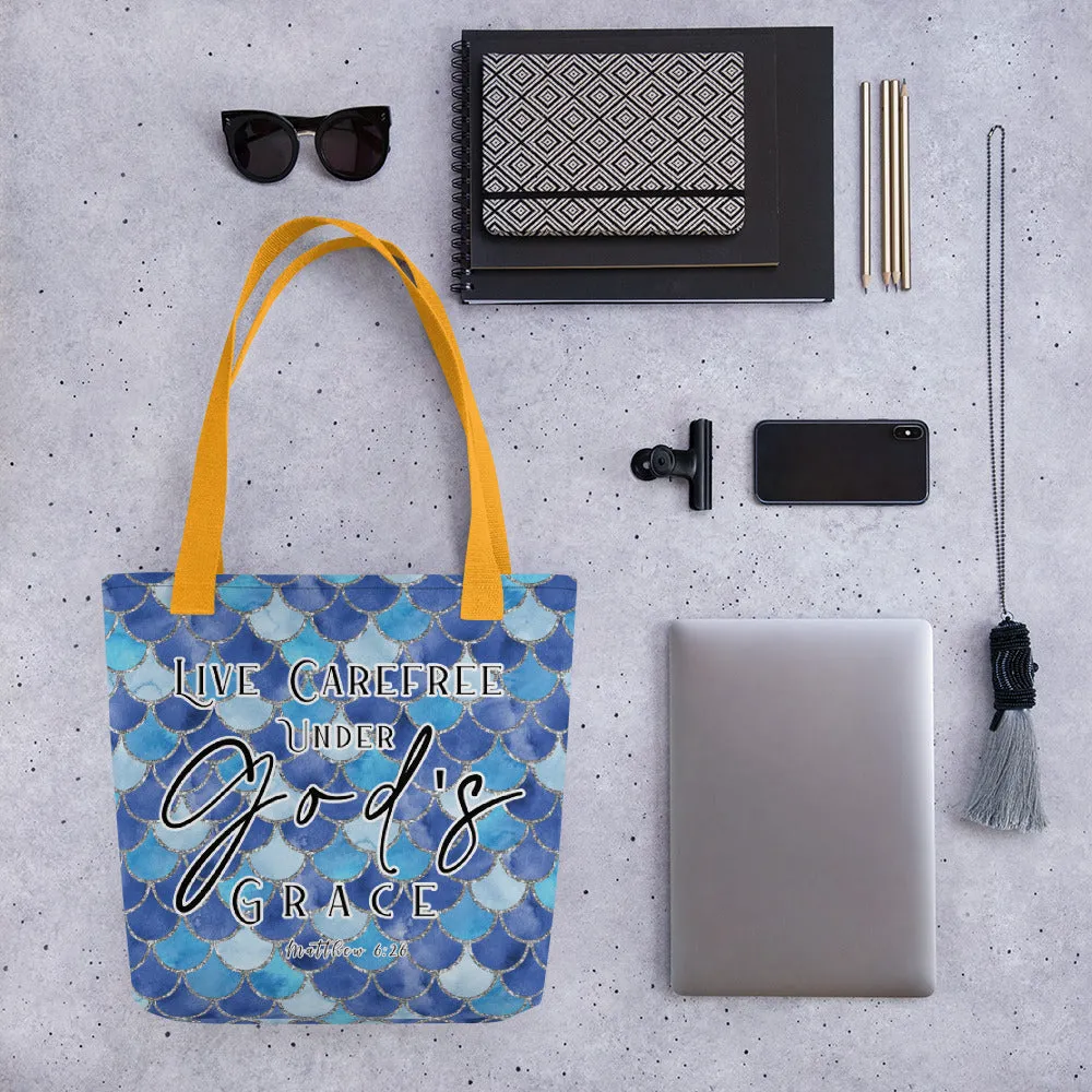 Limited Edition Premium Tote Bag - Live Carefree Under God's Grace (Design: Mermaid Scales Blue)