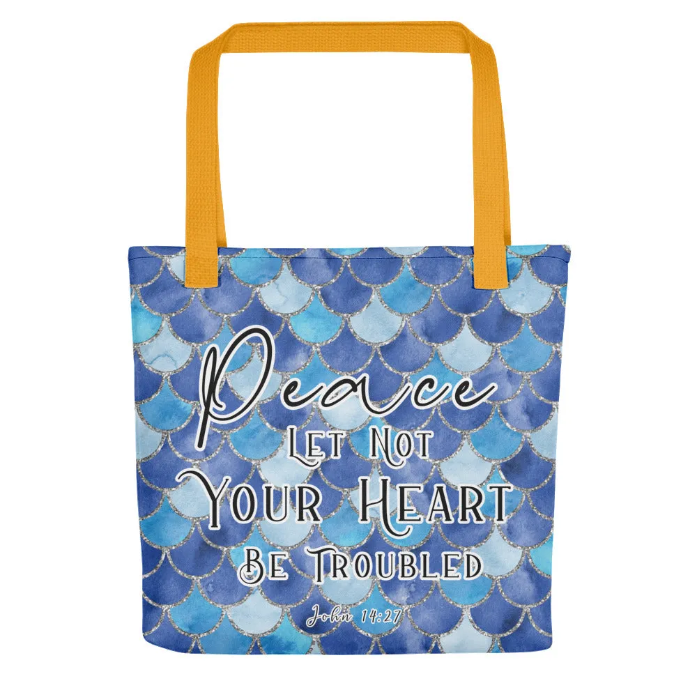 Limited Edition Premium Tote Bag - Peace Let Not Your Heart Be Troubled (Design: Mermaid Scales Blue)