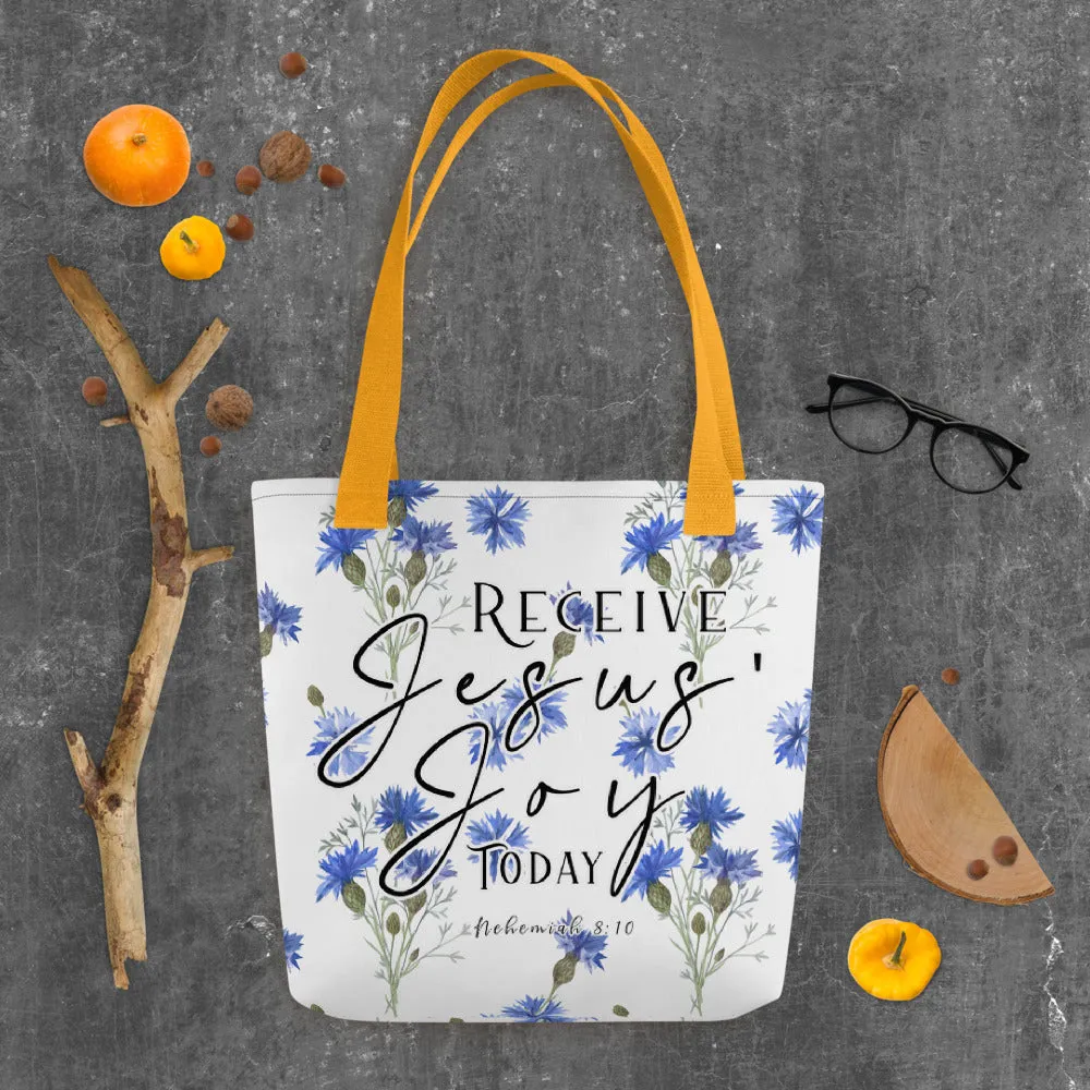 Limited Edition Premium Tote Bag - Receive Jesus' Joy Today (Design: Blue Floral)