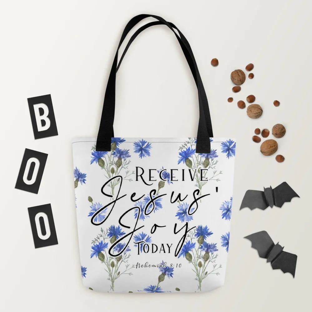 Limited Edition Premium Tote Bag - Receive Jesus' Joy Today (Design: Blue Floral)