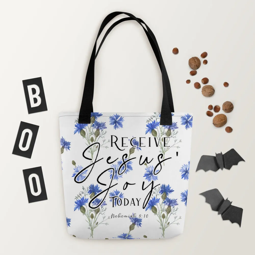 Limited Edition Premium Tote Bag - Receive Jesus' Joy Today (Design: Blue Floral)