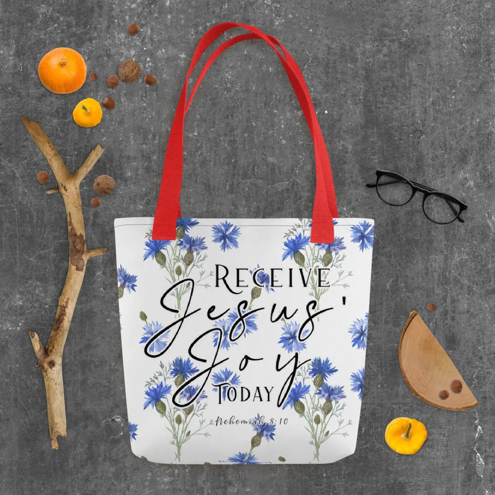 Limited Edition Premium Tote Bag - Receive Jesus' Joy Today (Design: Blue Floral)