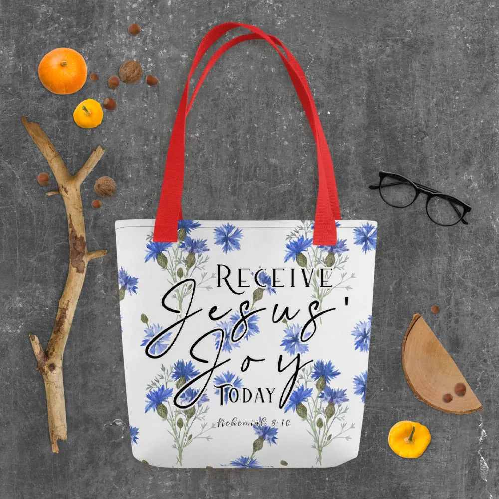 Limited Edition Premium Tote Bag - Receive Jesus' Joy Today (Design: Blue Floral)