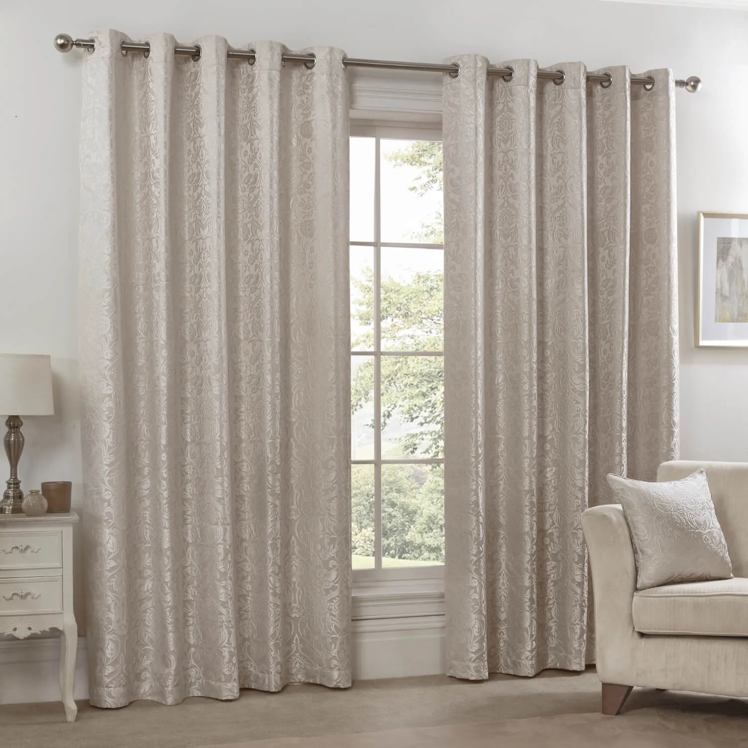 Lined Eyelet Jacquard Curtains - Cream