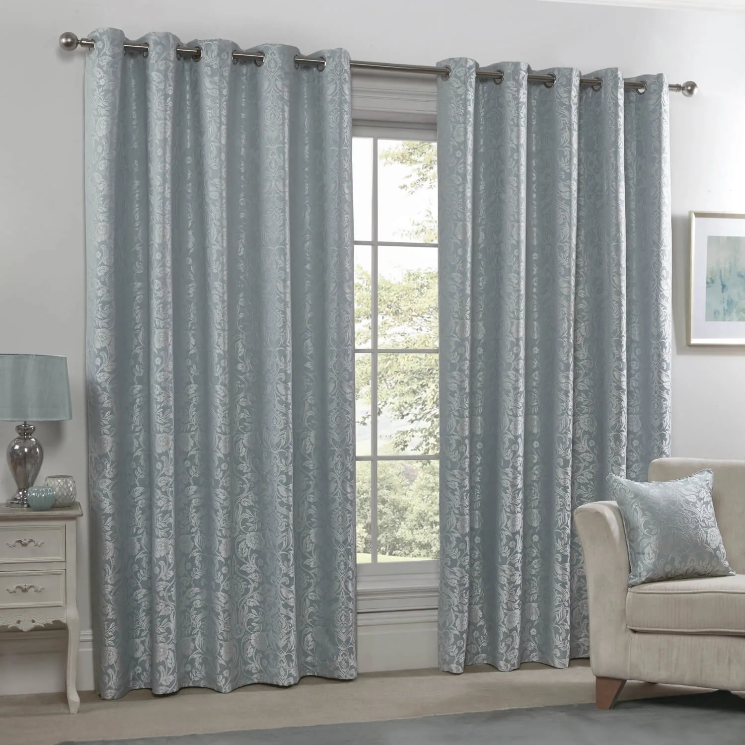 Lined Eyelet Jacquard Curtains - Duck Egg