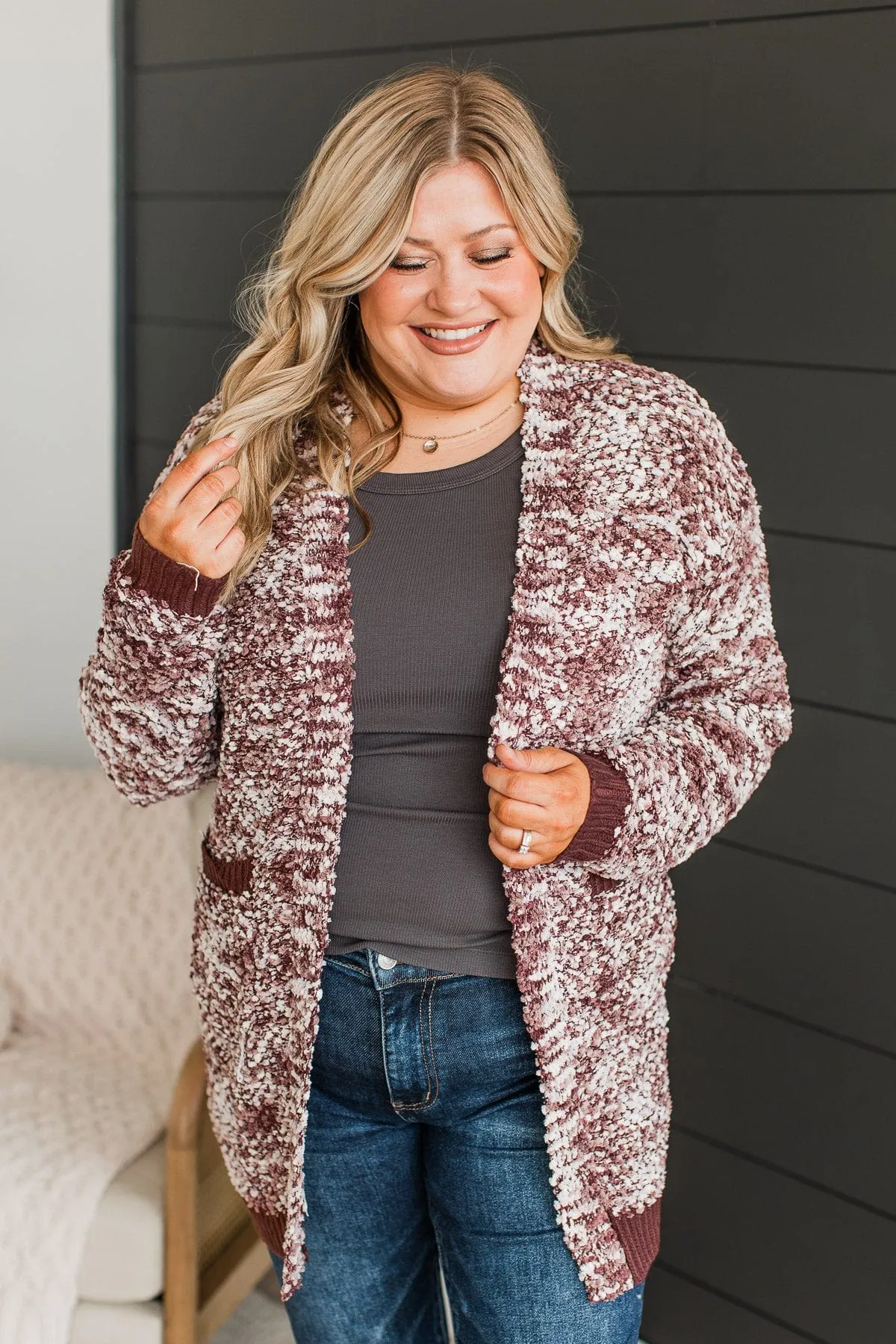 Love Remains Popcorn Knit Cardigan- Plum