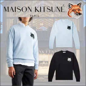 MAISON KITSUNE  |Crew Neck Pullovers Unisex Wool Bi-color Long Sleeves Plain