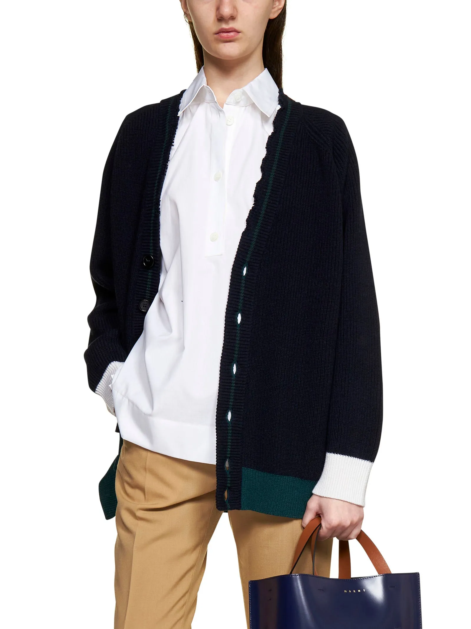 Marni Distressed Logo Patch Knit Cardigan