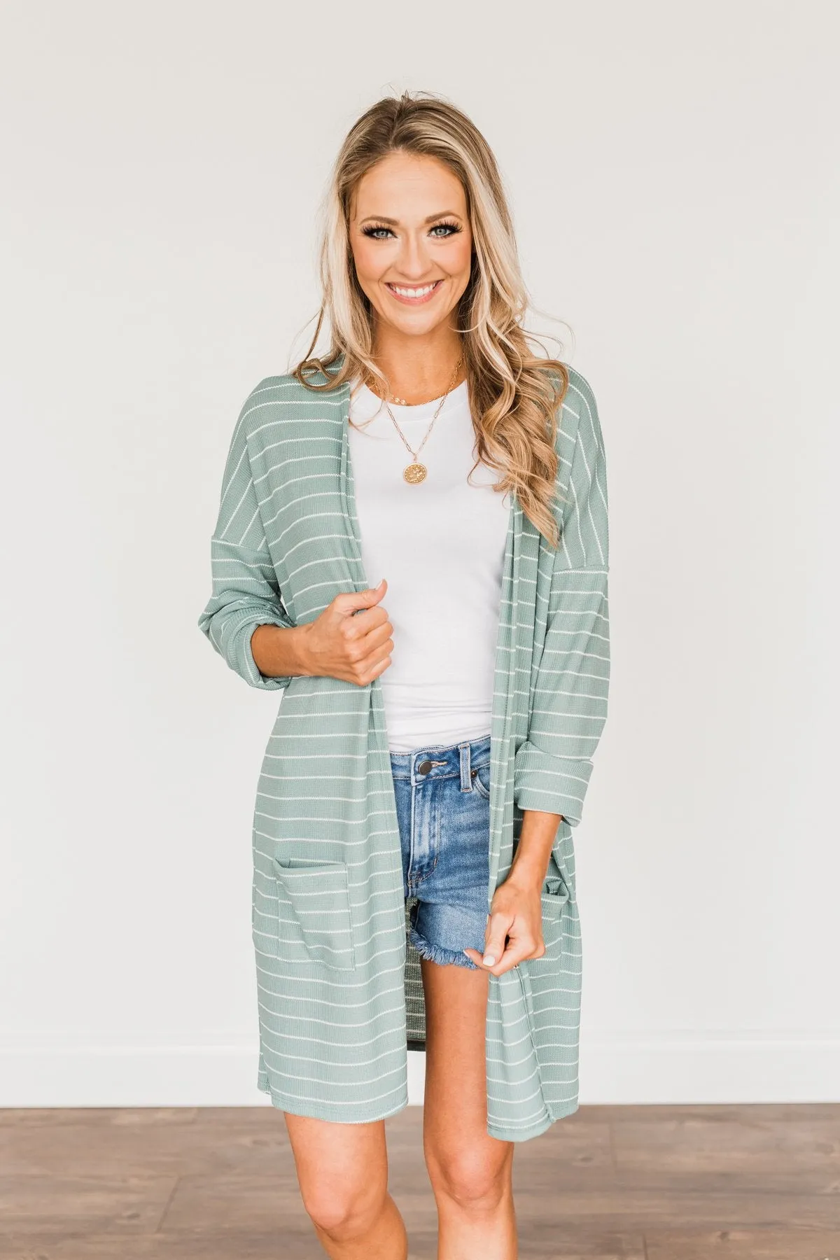 Meaningful Moments Striped Cardigan- Dusty Teal