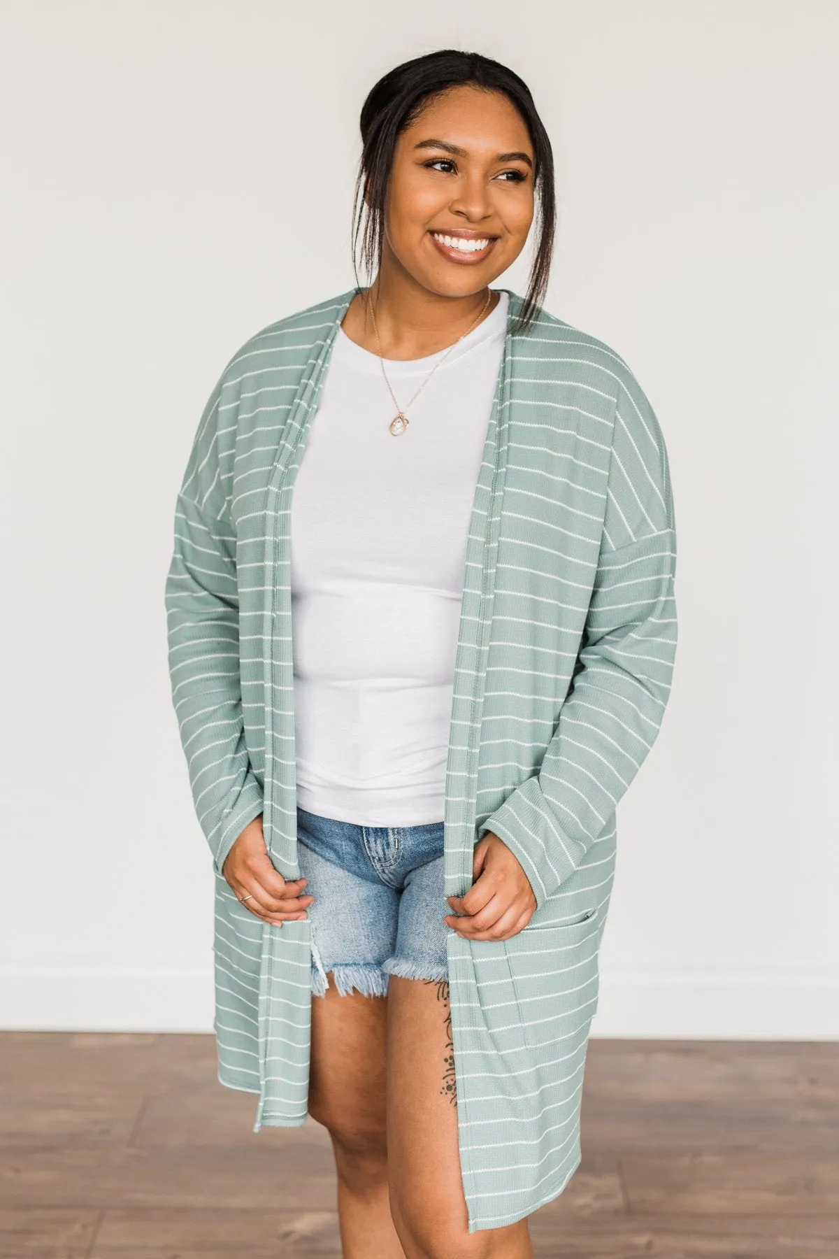 Meaningful Moments Striped Cardigan- Dusty Teal