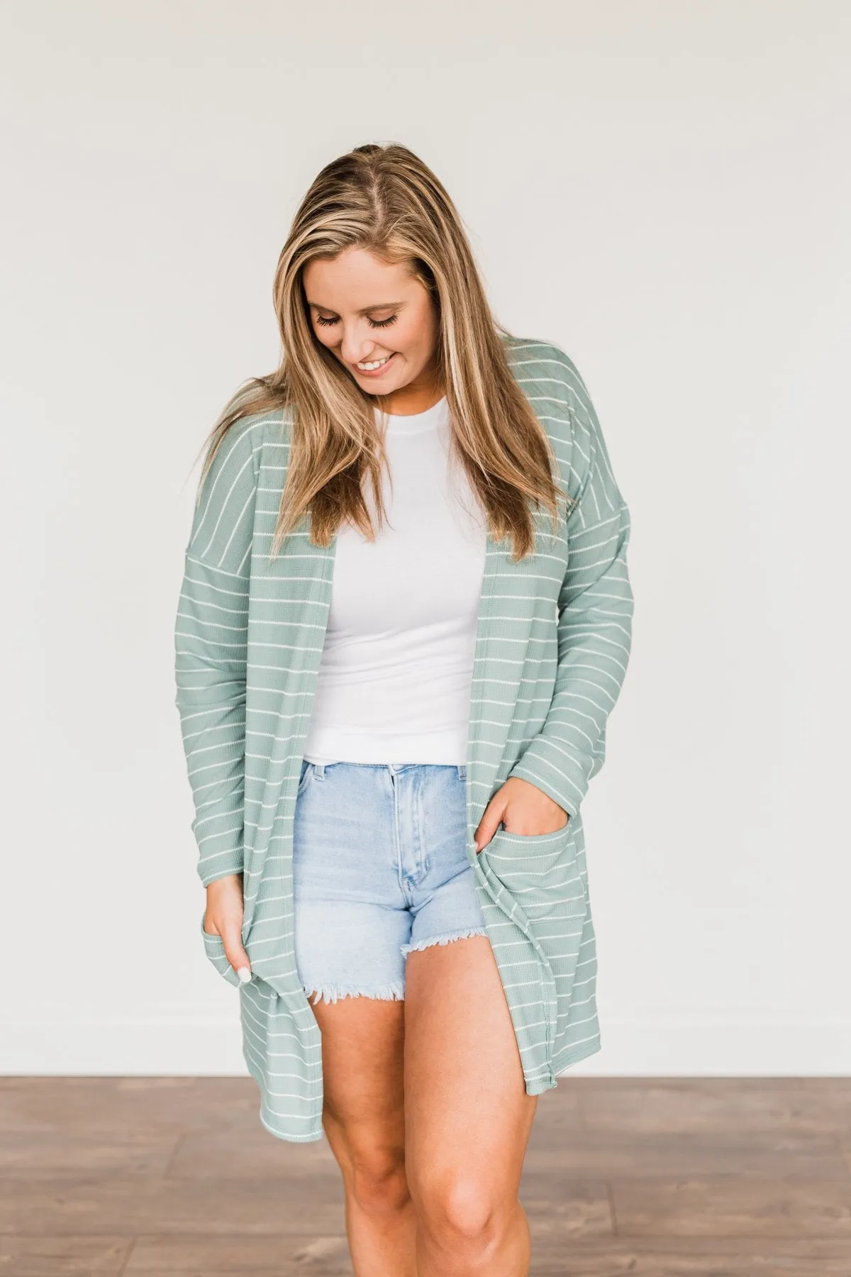 Meaningful Moments Striped Cardigan- Dusty Teal