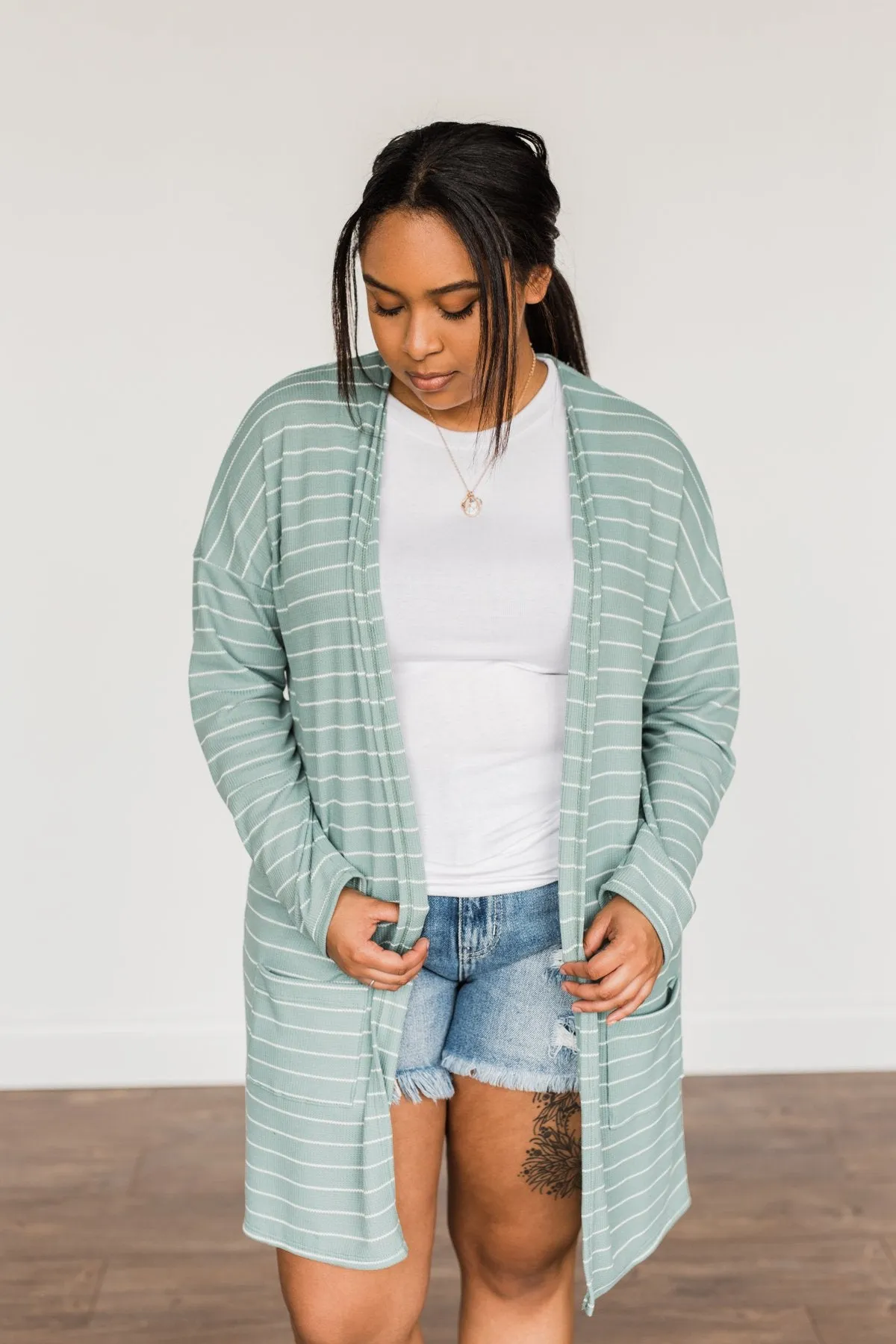 Meaningful Moments Striped Cardigan- Dusty Teal