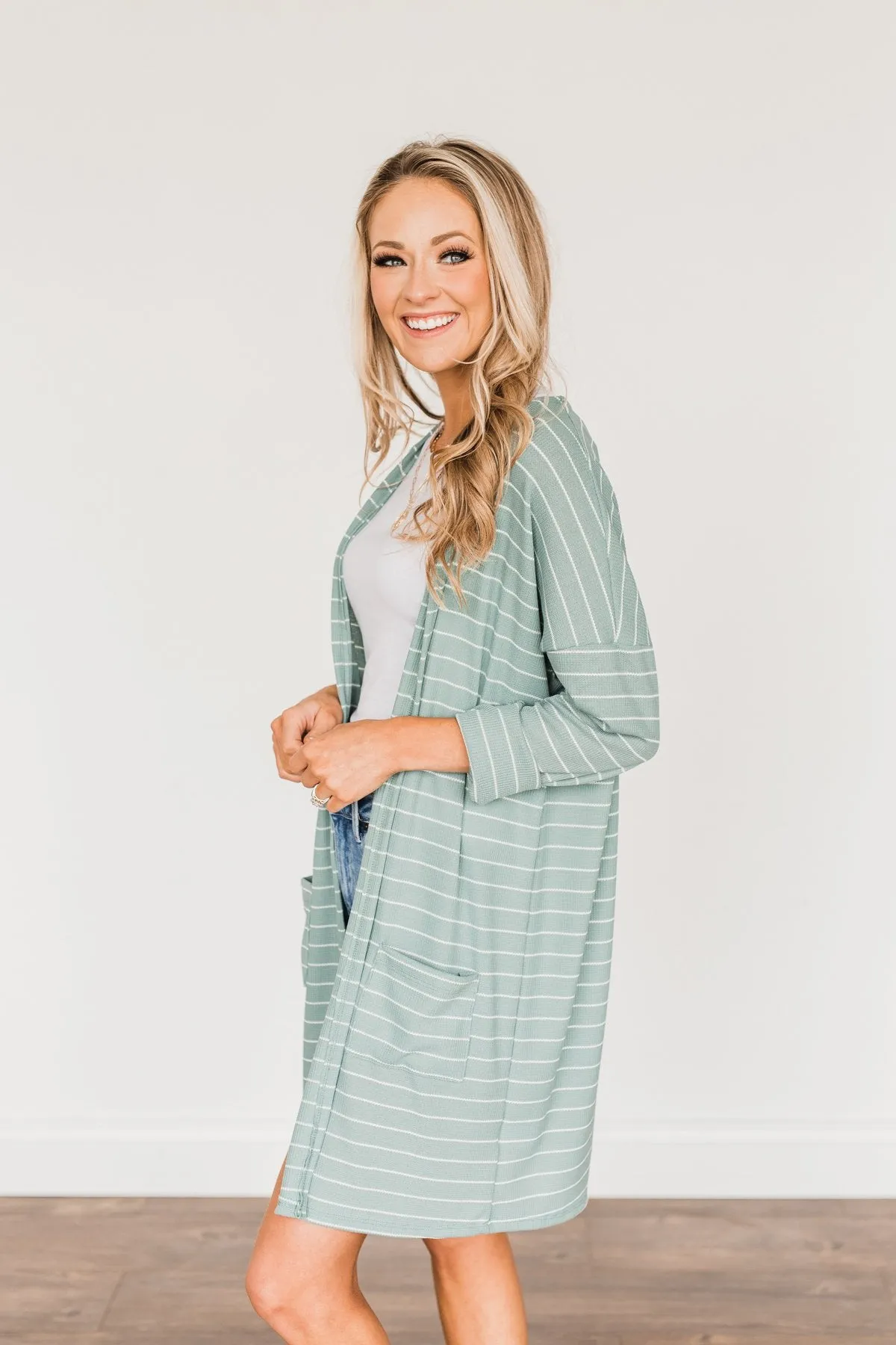 Meaningful Moments Striped Cardigan- Dusty Teal