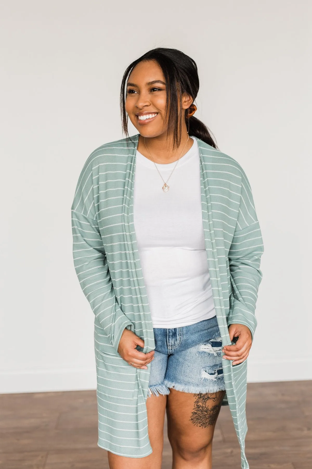 Meaningful Moments Striped Cardigan- Dusty Teal