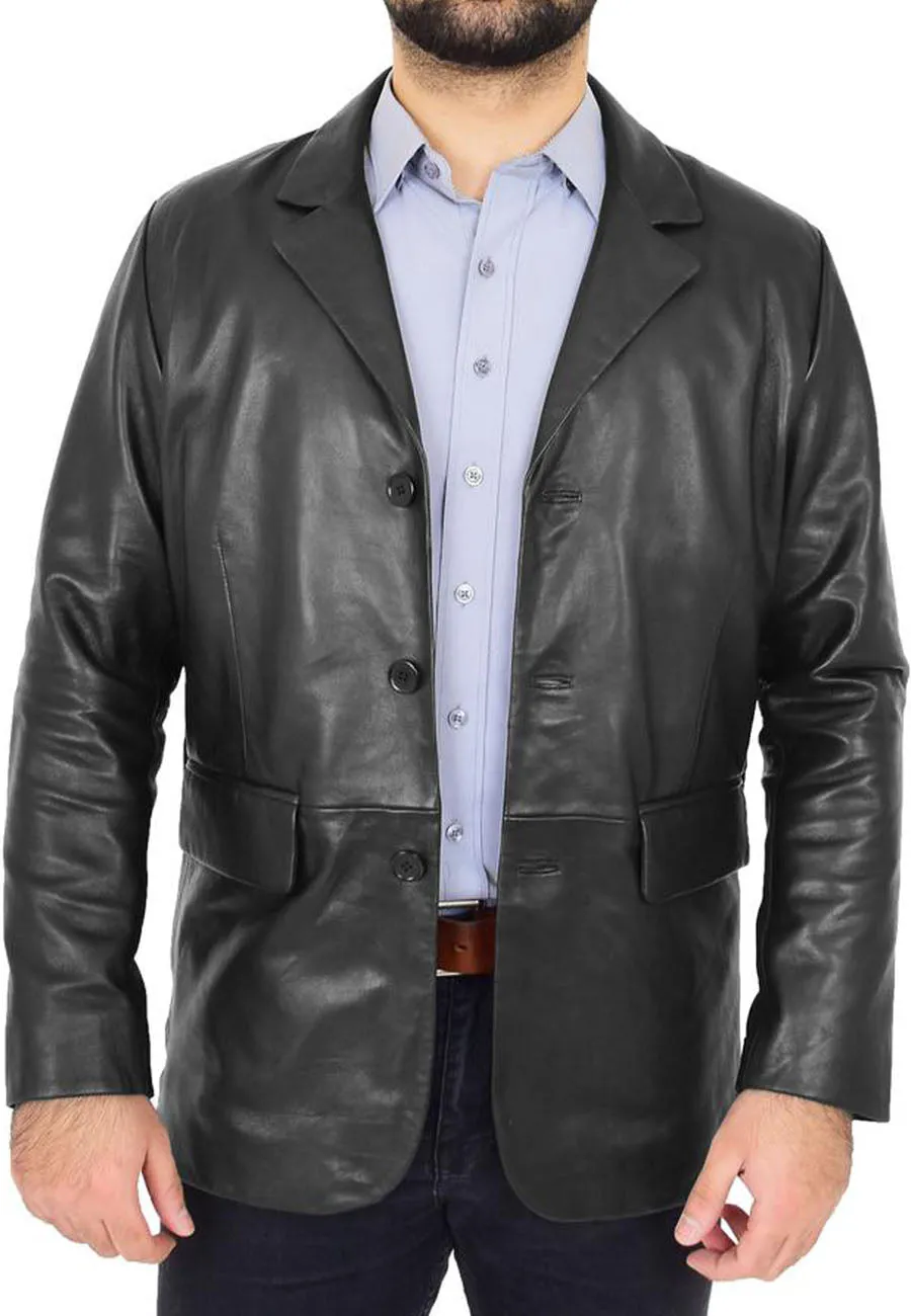 Men's Classic Black Leather Blazer