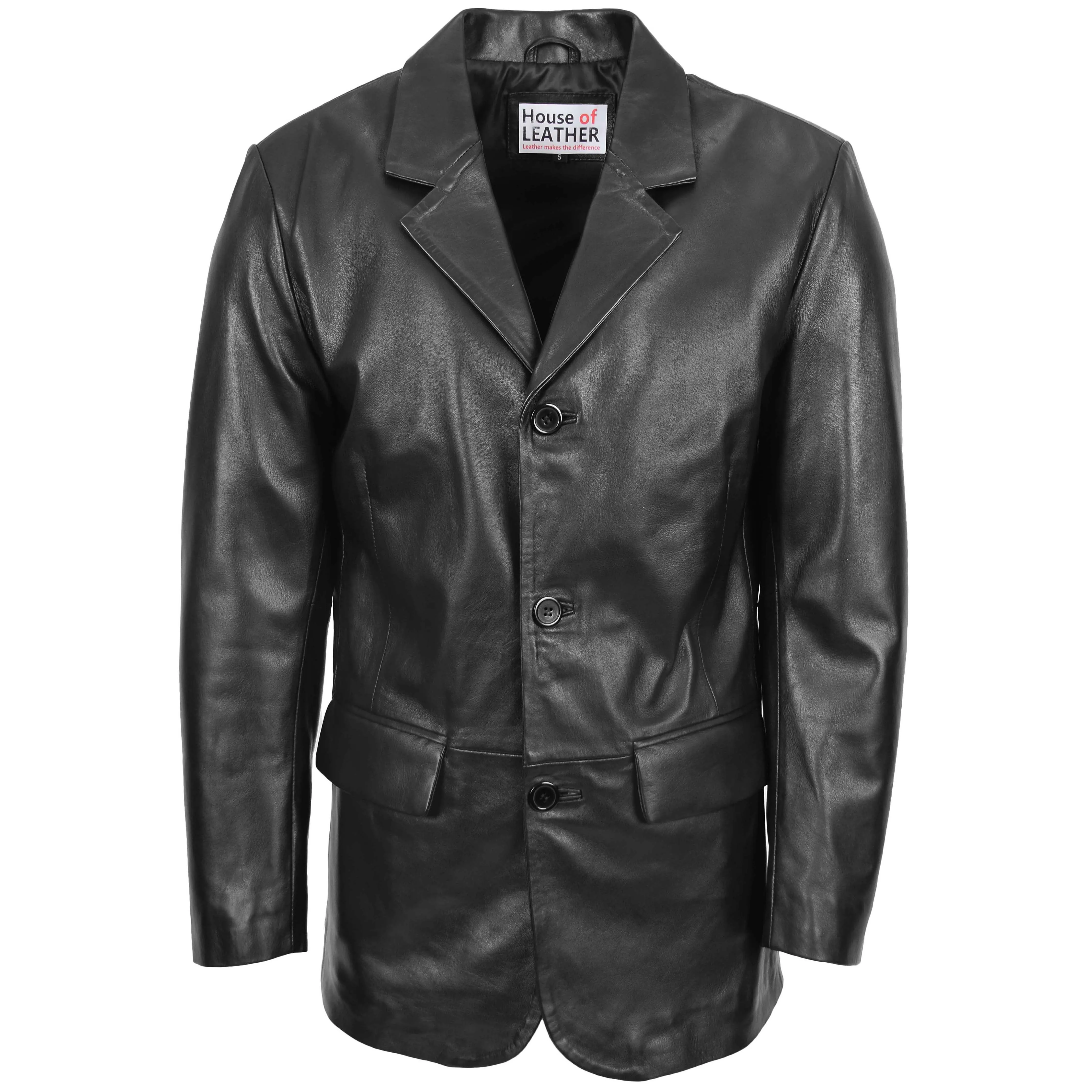 Mens Classic Three Button Soft Leather Blazer David Black