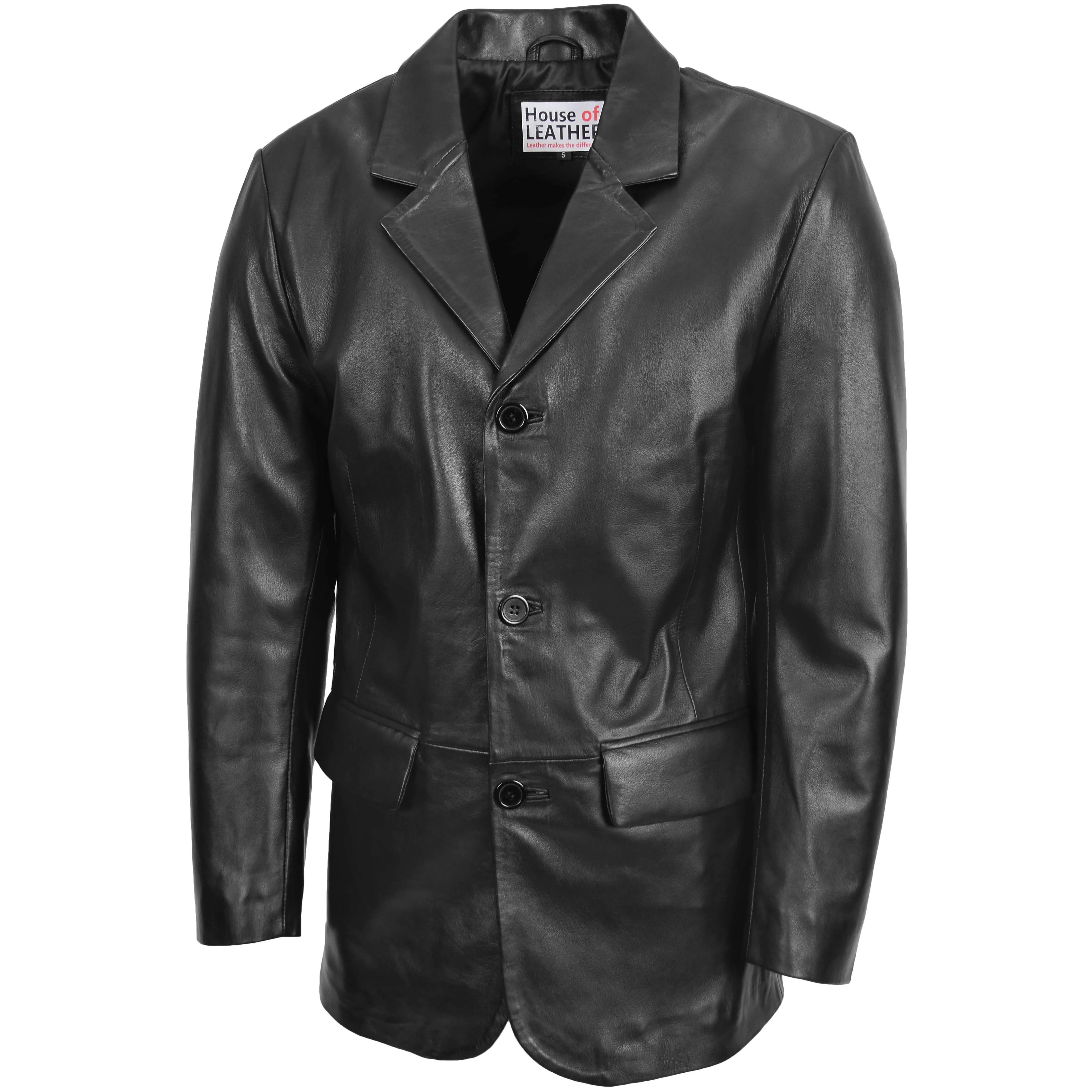 Mens Classic Three Button Soft Leather Blazer David Black