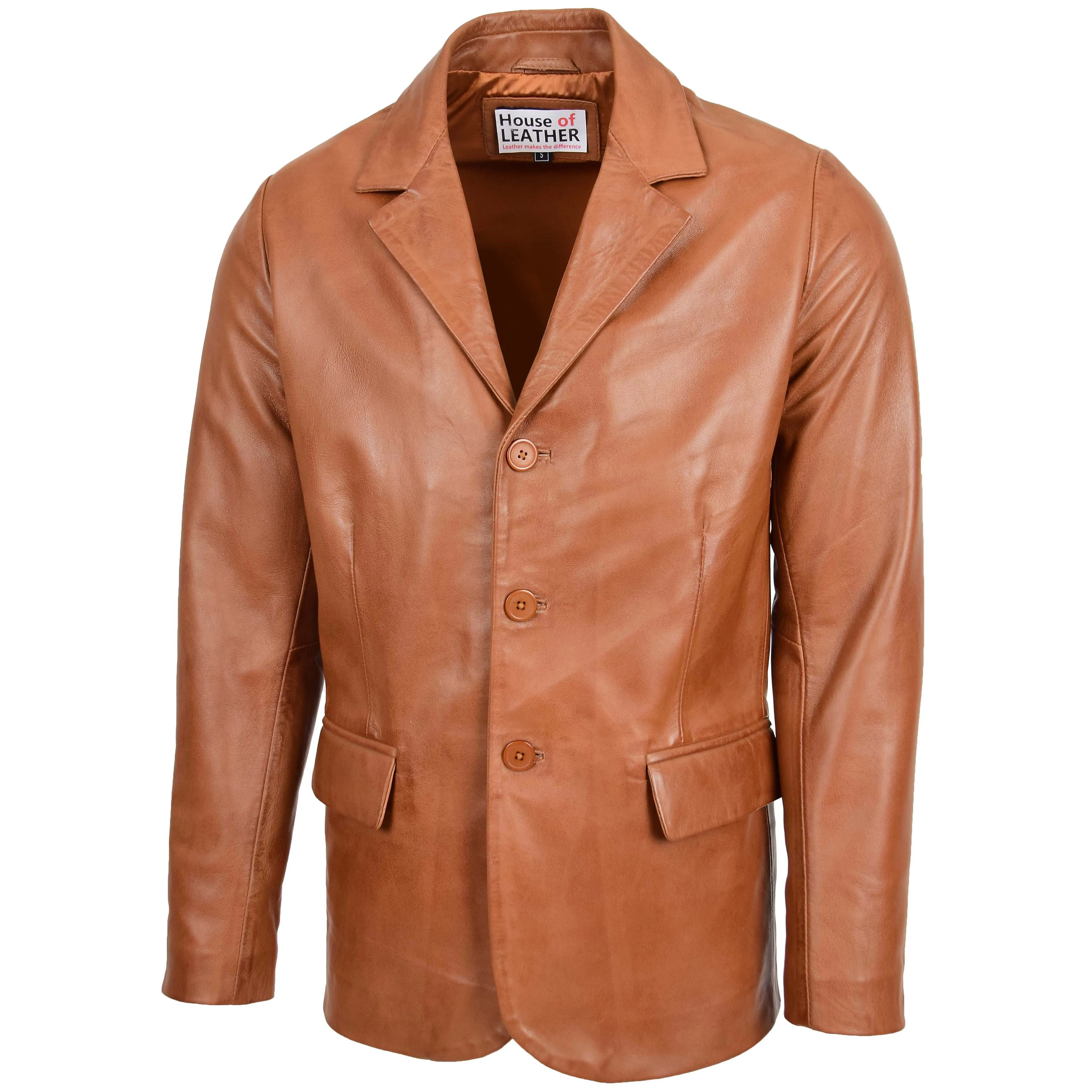 Mens Classic Three Button Soft Leather Blazer David Tan