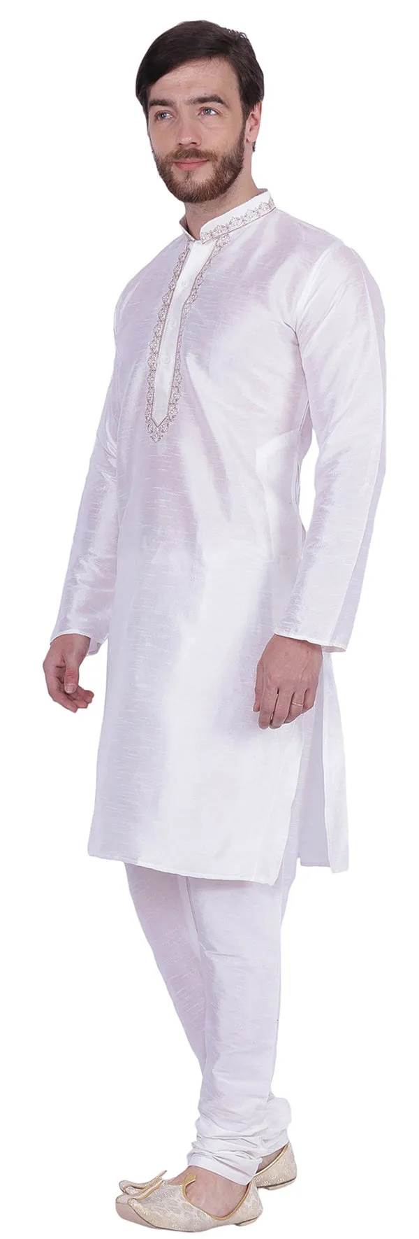 Men's Dupion Silk Kurta Pajama with Scarf India Clothing (Off-White)