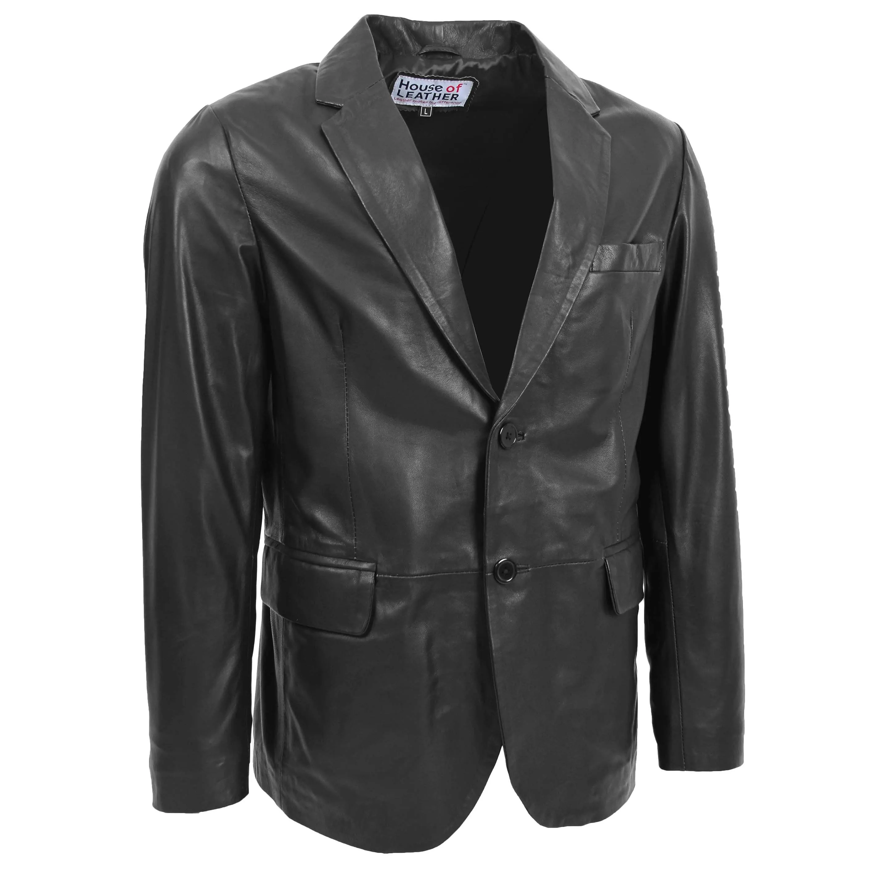 Mens Leather Blazer Two Button Jacket Zavi Black