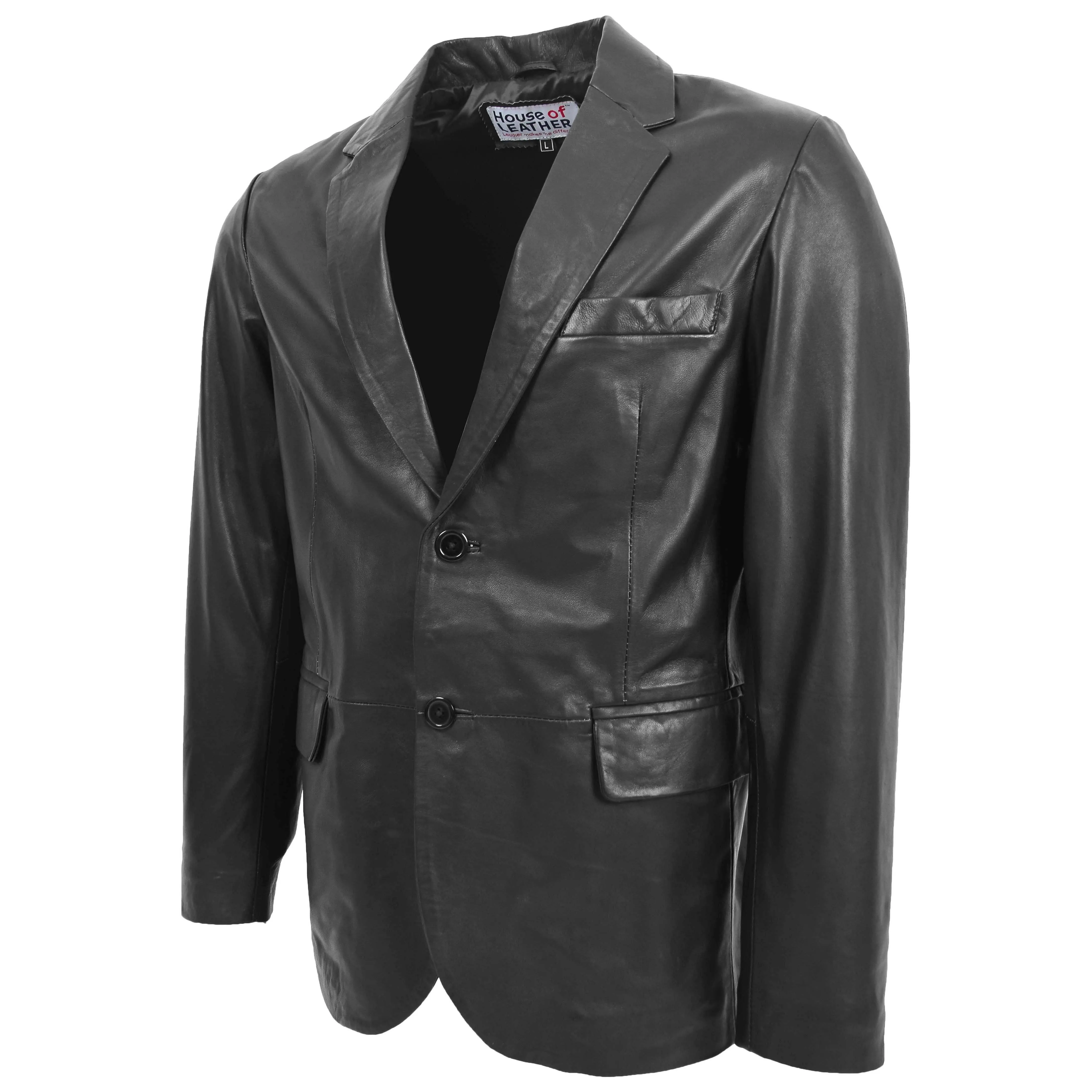 Mens Leather Blazer Two Button Jacket Zavi Black