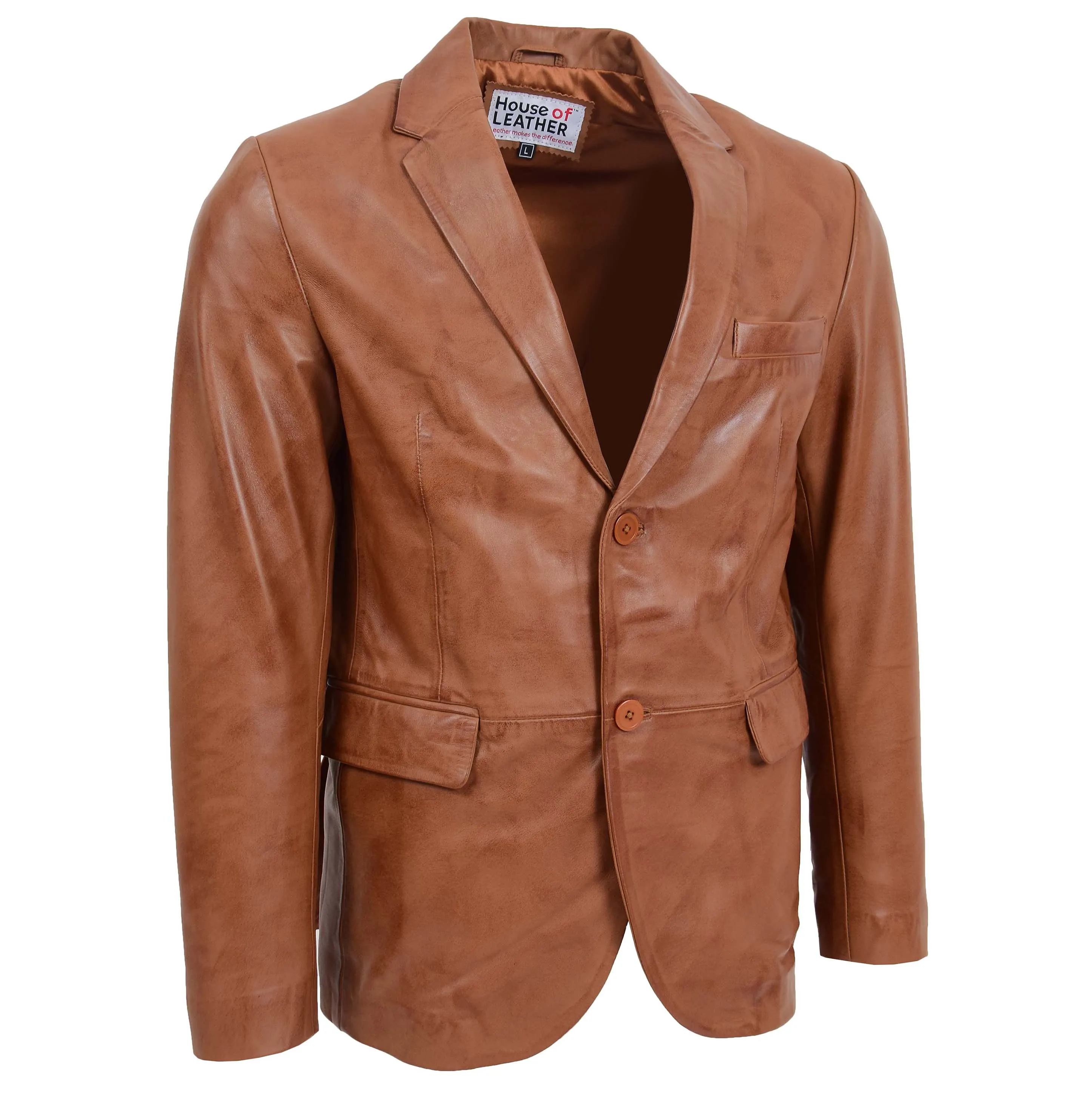 Mens Leather Blazer Two Button Jacket Zavi Tan