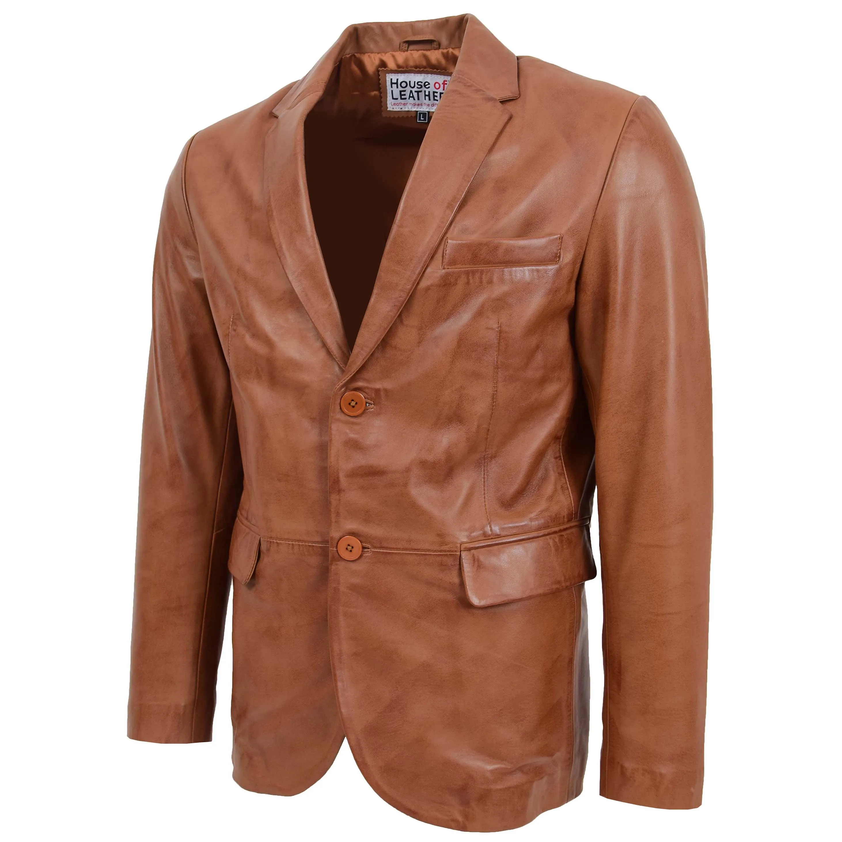 Mens Leather Blazer Two Button Jacket Zavi Tan