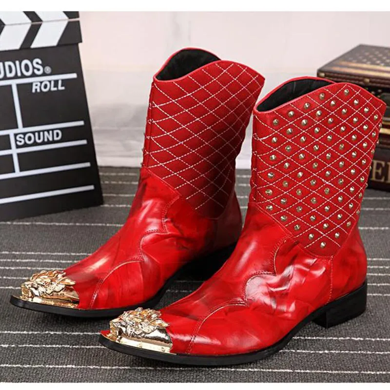 Mens Red Leather Boots Pointed Iron Toe Rivet Mid Calf Motor cycle Boot