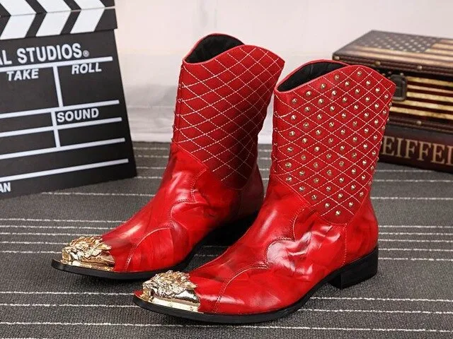 Mens Red Leather Boots Pointed Iron Toe Rivet Mid Calf Motor cycle Boot