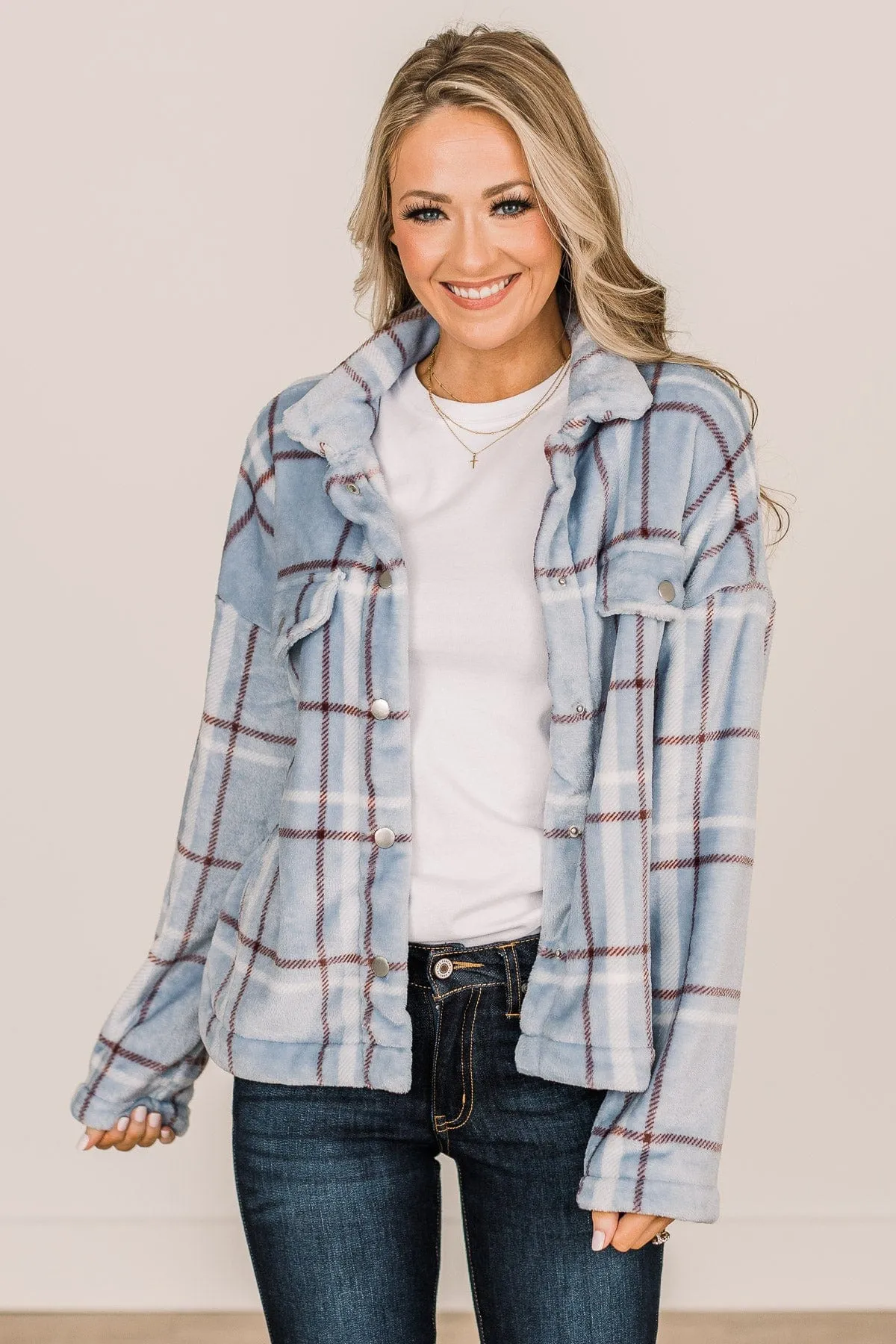 Miracles Await Plaid Button Sherpa- Blue