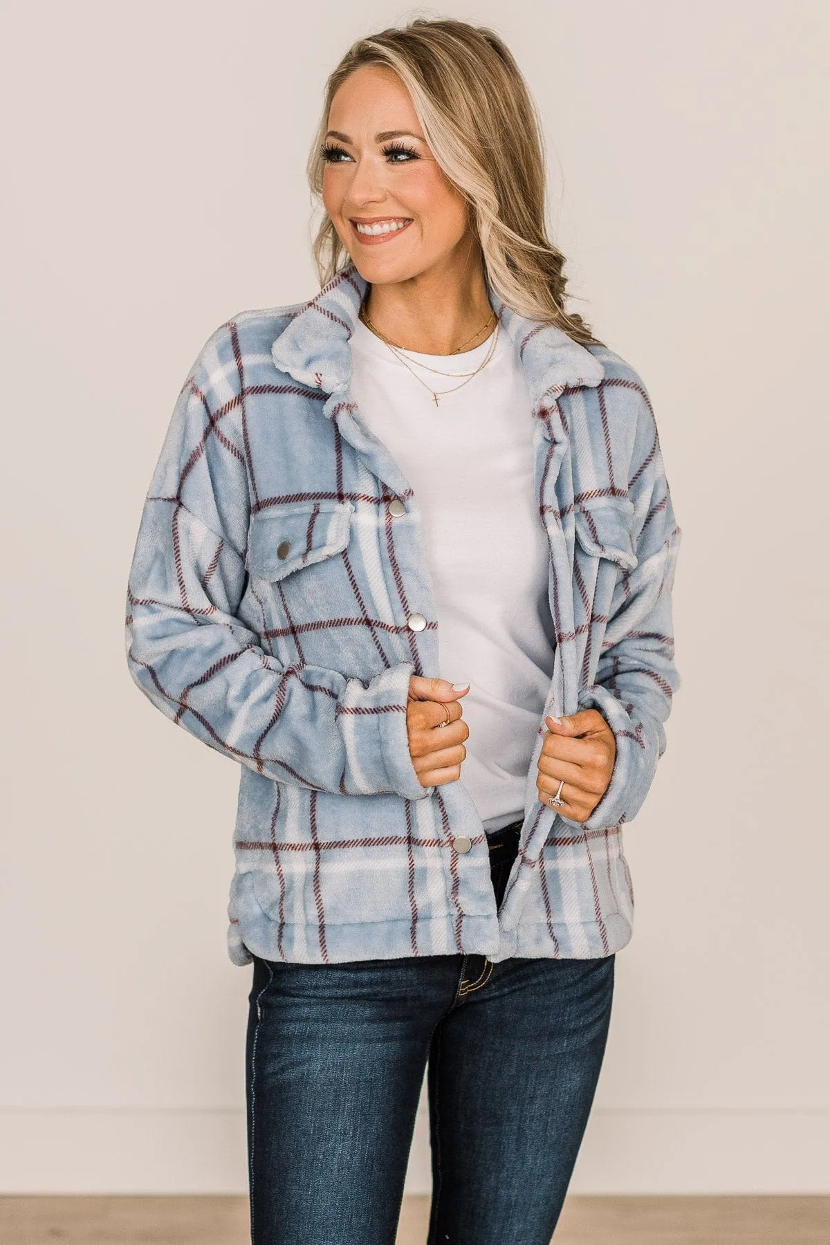 Miracles Await Plaid Button Sherpa- Blue