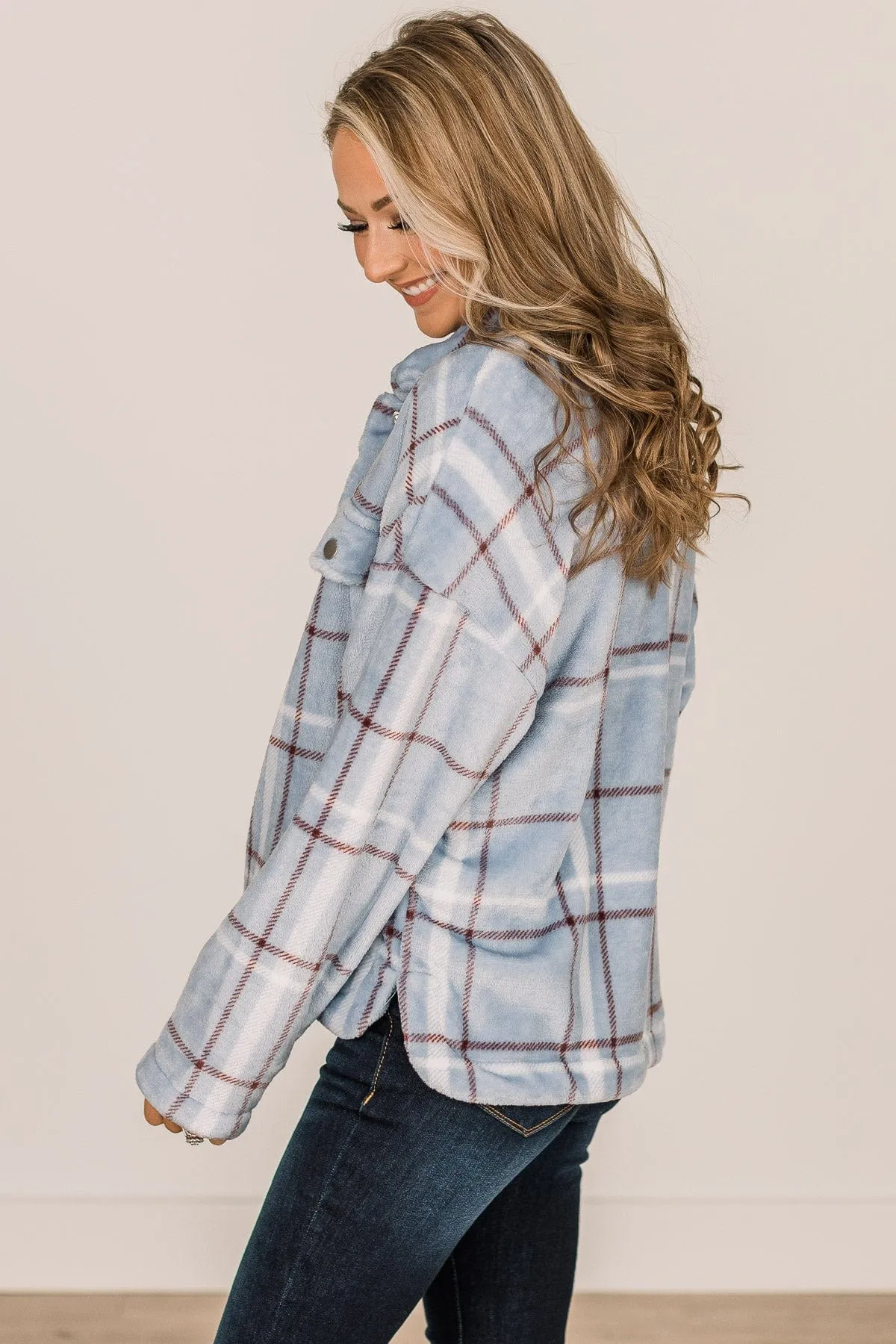 Miracles Await Plaid Button Sherpa- Blue