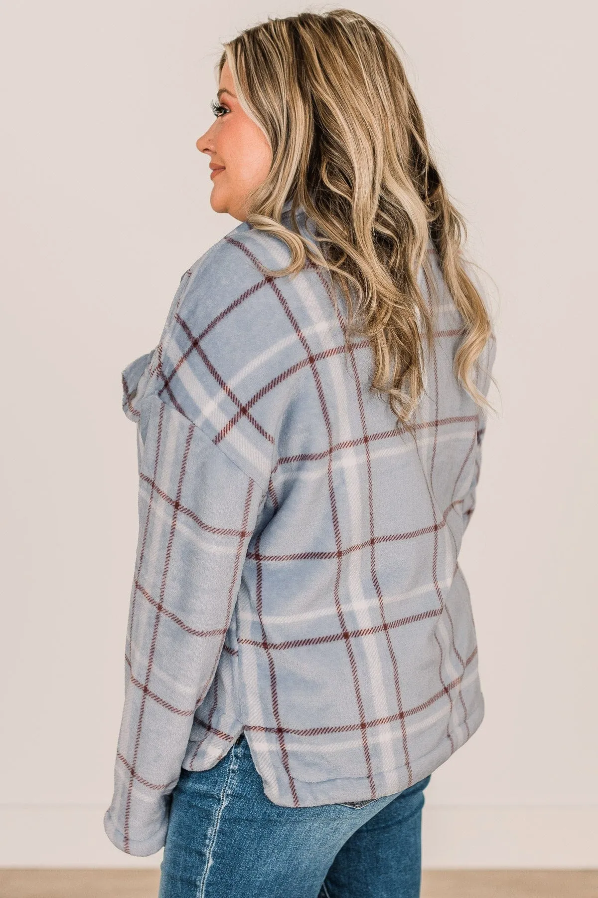 Miracles Await Plaid Button Sherpa- Blue