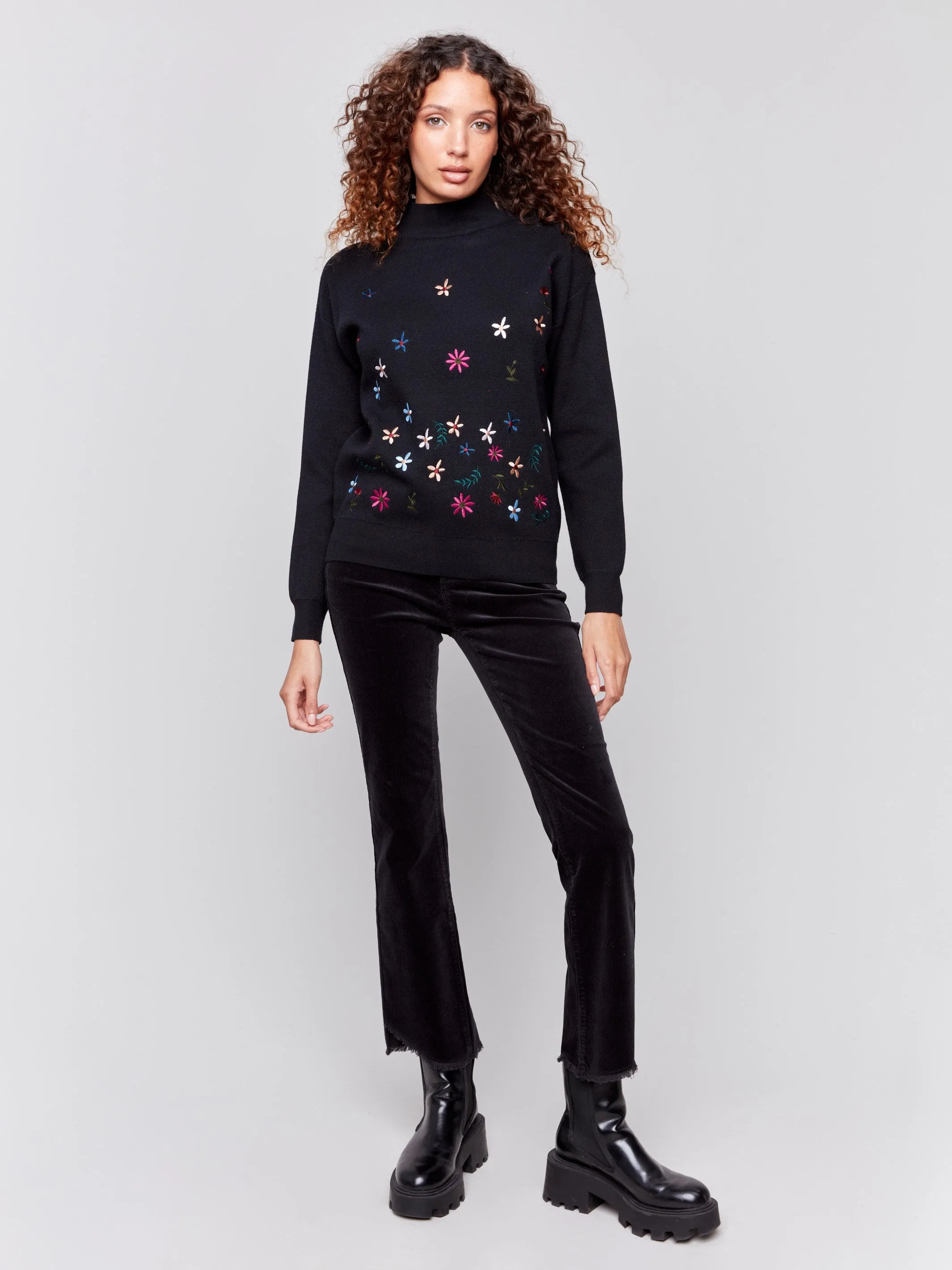 Mock Neck Sweater with Embroidered Flowers - Black