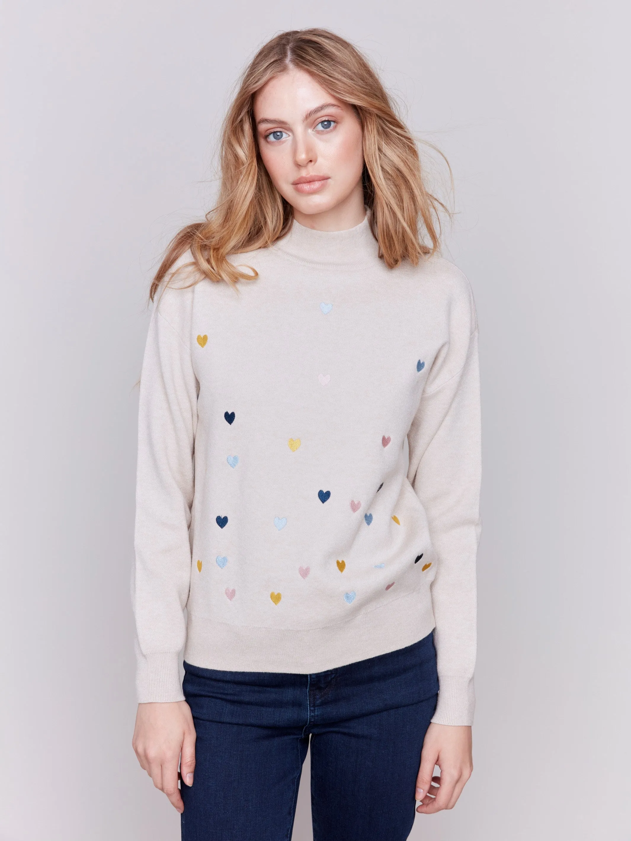 Mock Neck Sweater with Embroidered Hearts - Ecru