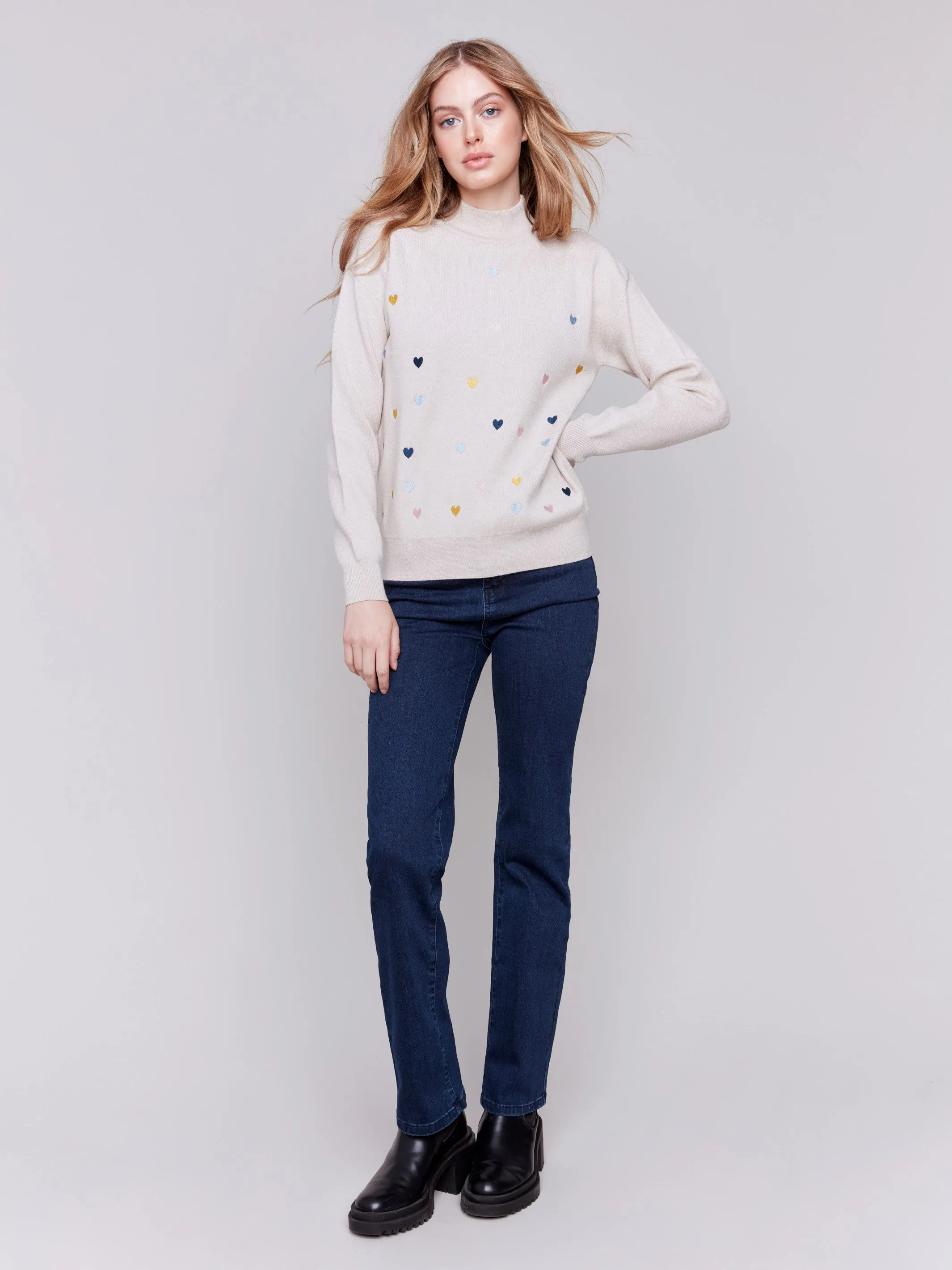 Mock Neck Sweater with Embroidered Hearts - Ecru