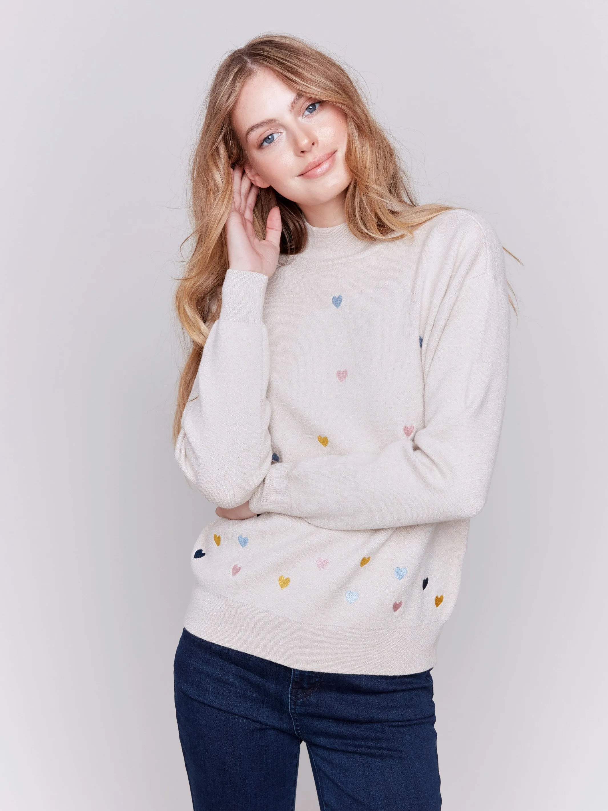 Mock Neck Sweater with Embroidered Hearts - Ecru