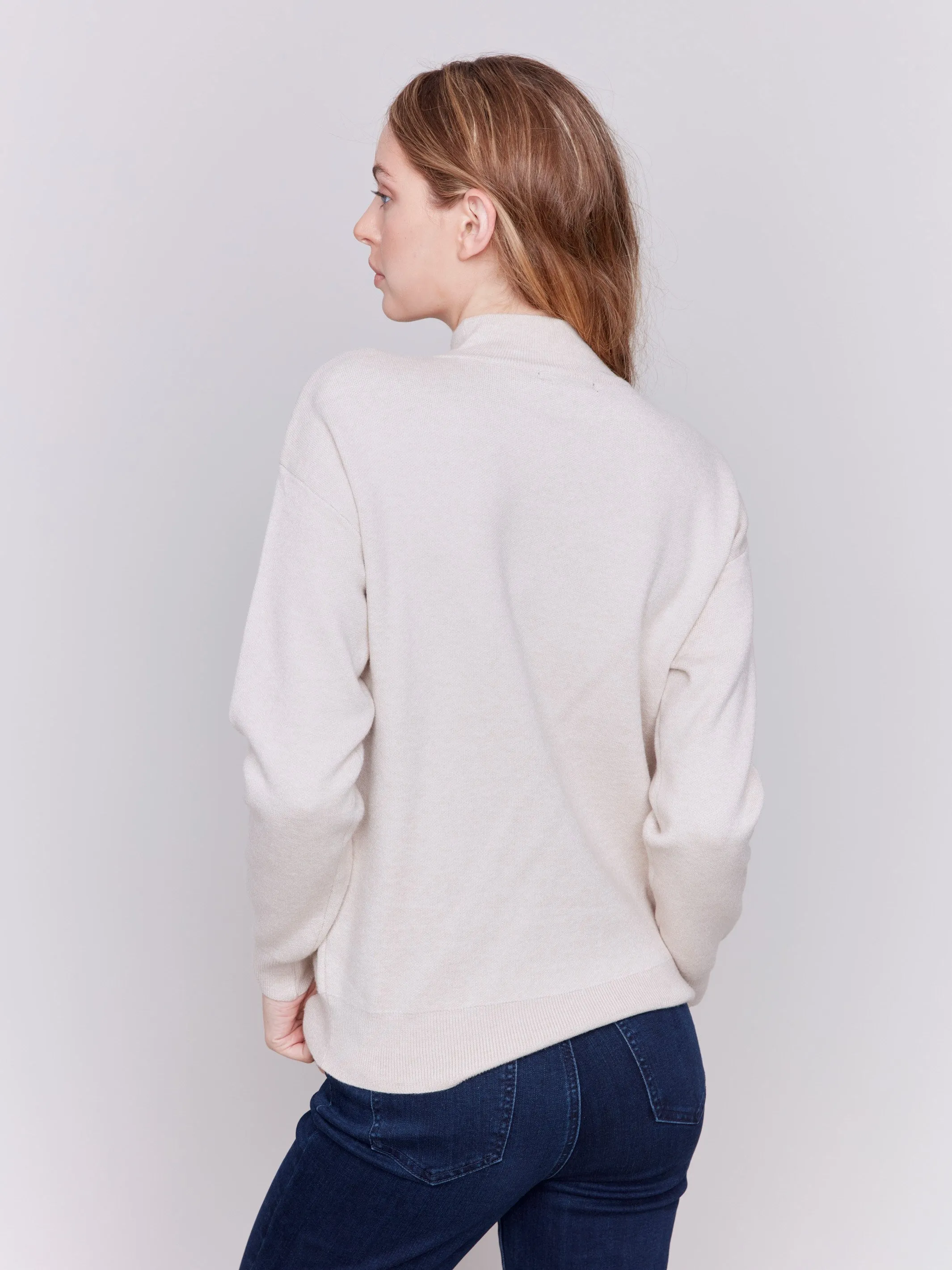 Mock Neck Sweater with Embroidered Hearts - Ecru